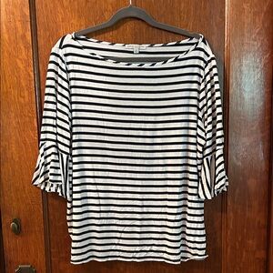 Green Envelope Black and White Striped three-quarter Sleeve Top with ruffle deta